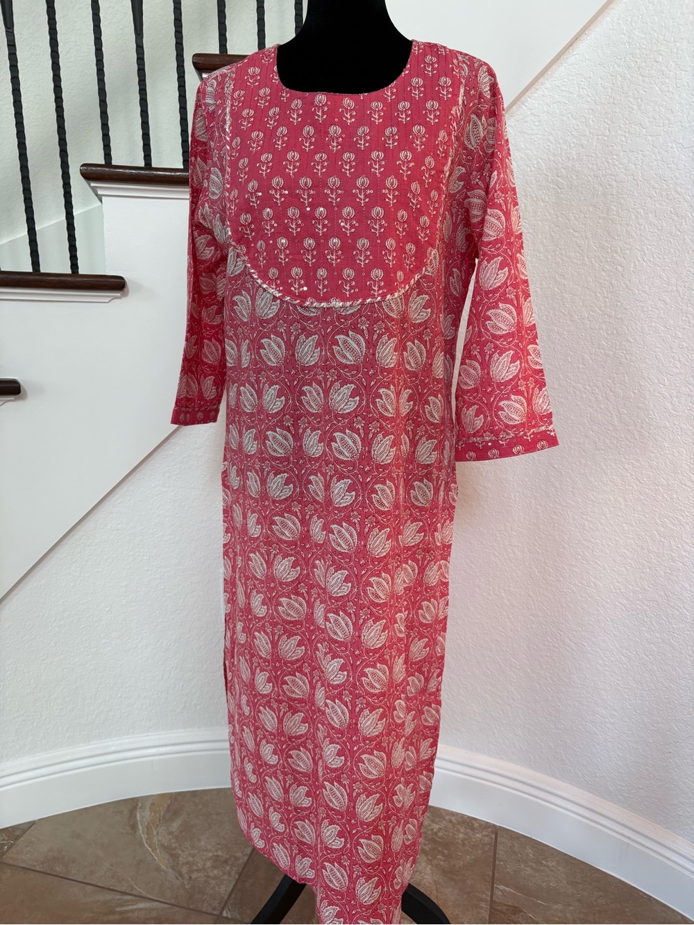 Women's Long Sleeve Pink Printed Midi Dress